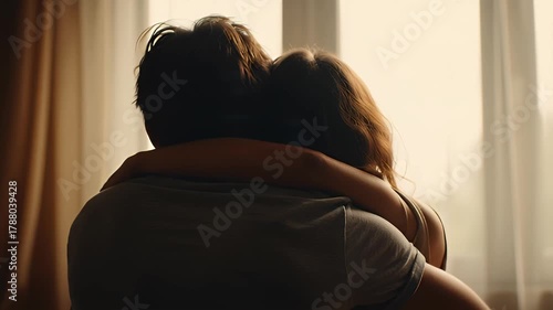 Couple Embracing in Backlit Bedroom Intimate Moment