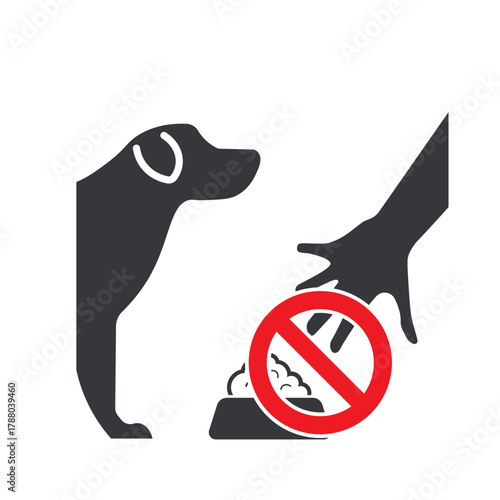 Isolated prohibition pictogram showing do not feed the dog, symbol for safety, hygiene, pet warning, restricted feeding area.