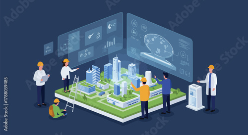 Isometric Smart City Planning Concept, Engineers and Architects Using AR, Sustainable Urban Infrastructure, 3D Digital Urban Design, Future City Technology
