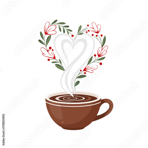 Hot coffee cup with heart-shaped steam surrounded by flowers  