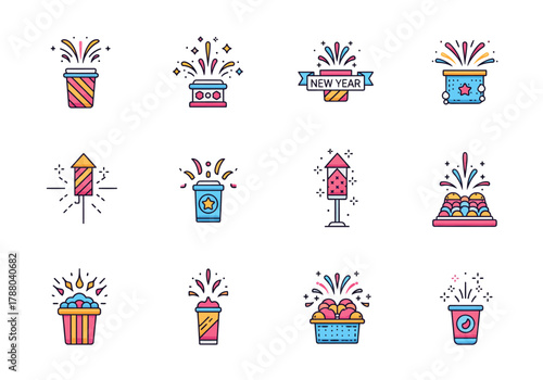 Vibrant collection of festive firework and New Year celebration vector icons, depicting pyrotechnic displays and party joy for various holiday events and special occasions
