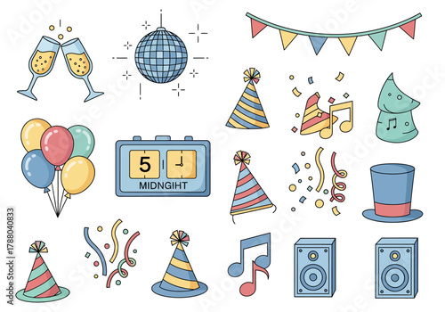 Festive New Year's Celebration Icon Set Champagne, Confetti, and Party Elements for Joyful Designs
