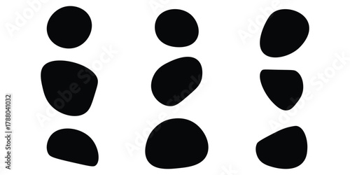 Random blotch, inkblot. Pebble, stone silhouette. Organic blob, blot, speck shape. Splat, fleck. Drop of liquid, fluid. Ink stain, mottle spot irregular shape. Basic, simple rounded, smooth gel form