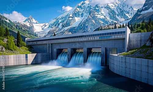 Hydroelectric dam releasing water with snow capped mountains in the background on a sunny day generating renewable energy for the future