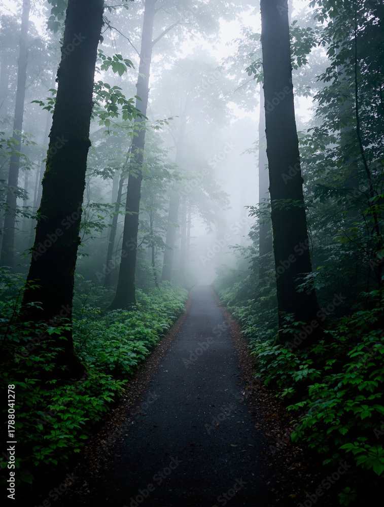Obraz premium A serene and mysterious narrow path winds deeply into a dense, fog-shrouded forest, framed by tall, ancient trees and lush green undergrowth, creating an ethereal and contemplative natural landscape