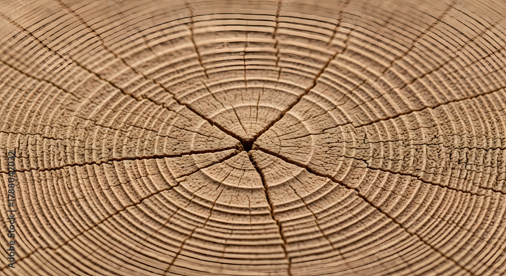 Fototapeta premium Close up of a tree trunk showing the rings and cracks radiating from the center of the wood grain