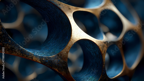 Fototapeta Naklejka Na Ścianę i Meble -  Abstract metallic mesh pattern with golden and blue tones, highly detailed and futuristic.