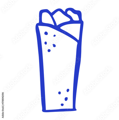 hand-drawn doodle illustration of a kebab, burrito, or wrap. Street food element for menu design or restaurant advertising in a simple blue line art style