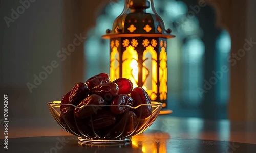 Dates in a glass bowl with a glowing lantern in the background creating a warm and inviting atmosphere for ramadan celebrations and traditions