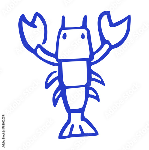 hand-drawn doodle illustration of a cartoon lobster or crawfish with claws. Seafood and marine animal element for a restaurant or beach theme in a simple blue line art style