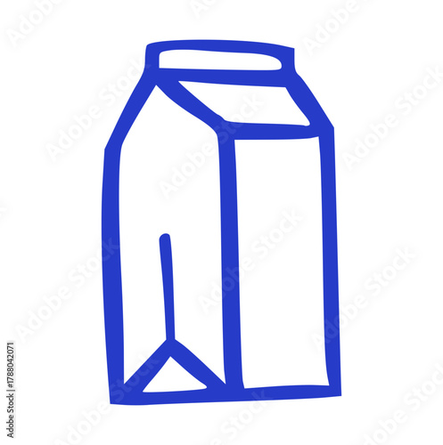 hand-drawn doodle illustration of a milk carton or juice box. Dairy and beverage element for grocery, shop, or kitchen design in a simple blue line art style