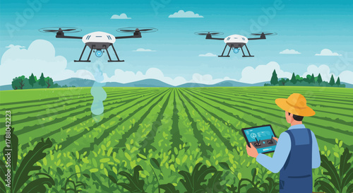 Smart Precision Farming Vector, Farmer Controlling Agricultural Drones, Spraying Crops via Tablet on Green Field, Modern Agriculture Technology Illustration