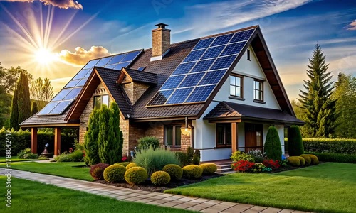 Beautiful home with solar panels on the roof shining in the sun representing sustainable living and renewable energy for a greener future