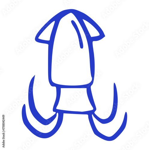 doodle of a single squid or cuttlefish with tentacles in a hand drawn sketch style. Minimalist sea animal element perfect for seafood restaurant logo, icon, or nautical theme.