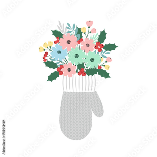 Colorful bouquet of flowers in a mitten on white background  