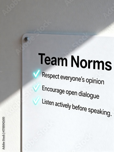 A close-up view of a whiteboard outlining 'Team Norms' for creating a respectful, collaborative, and inclusive environment, promoting a 'Safe Space' for dialogue.