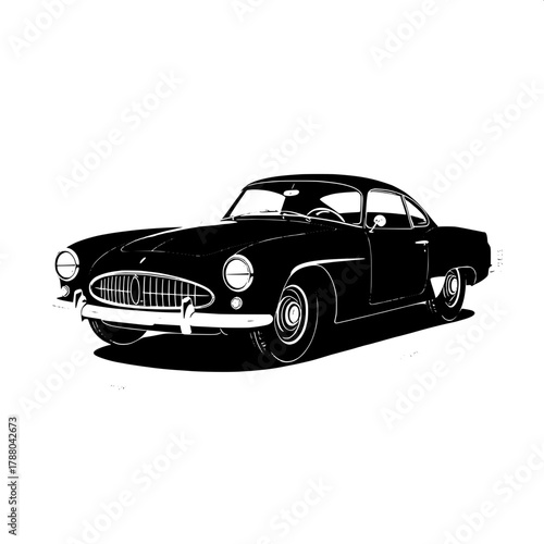 A black silhouette of a vintage coupe with sleek, curved lines and a prominent grille, rendered with thin white technical outlines on a stark white background, resembling a simplified blueprint or tec