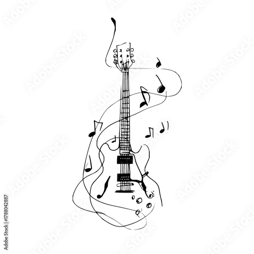 Illustration of a black and white electric guitar surrounded by musical notes on a white background