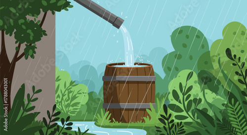 Rainwater Harvesting Illustration, Rain Gutter Directing Water into Wooden Barrel, Eco Garden Water Conservation Concept, Sustainable Gardening Vector