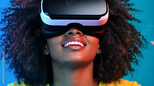 Young Black Woman Enjoying Virtual Reality Headset With Colorful Lighting.