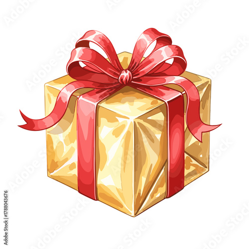 Gift box wrapped in gold paper with red ribbon for Christmas, New Year  