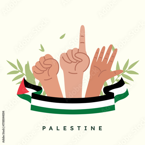 The branches of leaves surround the fist and flag, the hand expressing peace.
