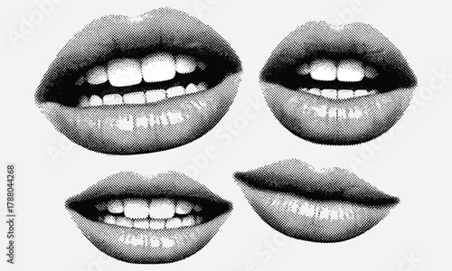 Dynamic Monochrome Collection of Female Lips and Teeth Showcasing Diverse Happy Expressions with Detailed Anatomy Views for Dental and Aesthetic Concepts