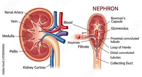 Human Kidney and Nephron Anatomy Diagram Illustration Detailed Physiology Graphic