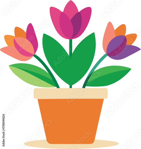 Realistic flower pot icon with blooming flowers, natural color tones.