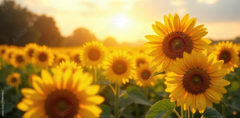 Obraz premium A field of sunflowers bathed in golden sunlight, their faces turned towards the sun, creating a vibrant and warm scene The rich, saturated color evokes feelings of joy and summer , calm, petals
