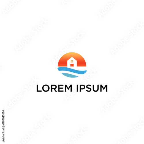 Abstract vector logo template of a seaside home with sun and water elements, ideal for travel, resort, or realty branding concept