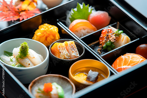 Deluxe Japanese kaiseki meal served in a stylish bento box, featuring a variety of meticulously arranged traditional dishes
