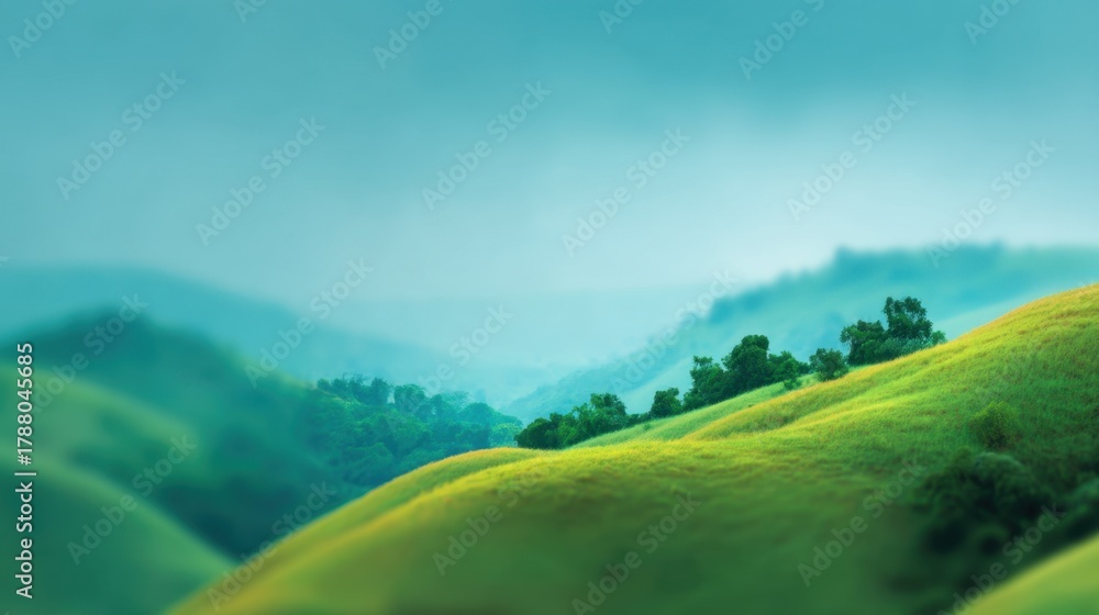 Fototapeta premium Serene Landscape with Rolling Green Hills and Misty Blue Sky Over Lush Greenery in Tranquil Natural Setting for Peaceful Escape and Reflection