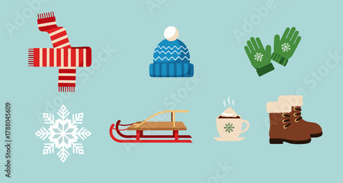 Winter Flat Vector Illustration – Hats, Mittens, Sled, and Hot Drink