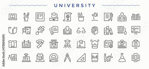 University icon set in linear style. Minimalist icons collection. Learning icon pack. Featuring academy, scholar, school, scholarship, study, college and more.