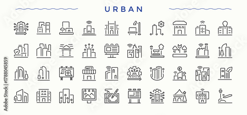 Urban icon collection. Building minimal icons collection. Vector outline icons collection. City linear icon set. Editable stroke collections.