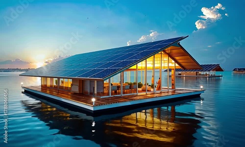 Modern floating house with solar panels on a tranquil lake at sunset showcasing sustainable living and innovative architectural design