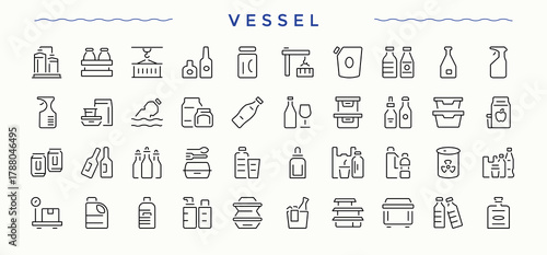 Vessel vector icon set. Featuring transport, ship, sea, maritime, boat, port and more. Minimalist linear icons. Editable vector stroke. Marine linear icon set.