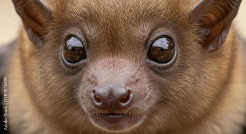 Fruit bat hanging upside down from a tree branch, showing its wings and furry body. Nocturnal flying mammal known for feeding on tropical fruits.