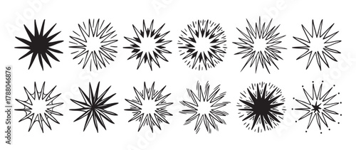 Set of hand drawn star shapes with different outlines and rays. Black and white vector doodle collection isolated on white background. Celestial and decorative element for design.