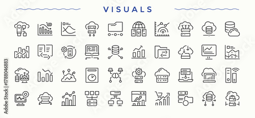 Visuals icon set. Audit minimalist icons collection. Icons for website. Document line icon set. Editable stroke vector art.