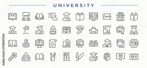 University icon pack. Minimal thin line web icons set. Study line icon set. Pack of college, higher education, academic, graduation, student and more.