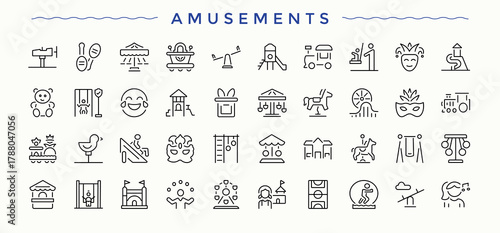 Amusements vector icon set. Icons for UI designs. Featuring enjoy, event, entertain, entertainment, birthday, party. Editable vector art and illustration. Party linear icon set.