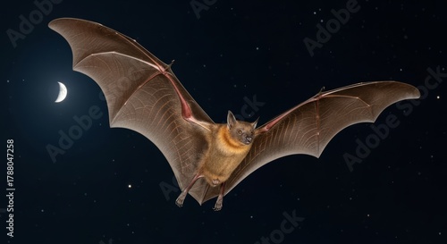 Fruit bat hanging upside down from a tree branch, showing its wings and furry body. Nocturnal flying mammal known for feeding on tropical fruits.