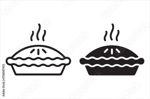 Two steaming pies one light and one dark depicted in a simple black and white style