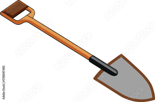 Realistic shovel icon, wooden handle and steel blade.