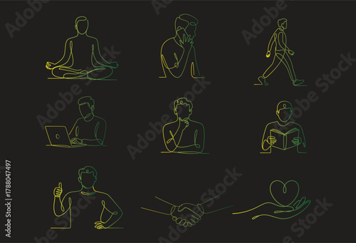 Daily Activity and Wellness Neon Outline Icon Set — Yoga, Meditation, Handshake, Heart Care, Reading, Laptop