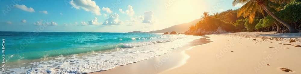 Obraz premium A serene, sun-drenched beach scene with gentle waves lapping the shore, perfect for relaxation and vacation themes Ideal for travel brochures or websites , seaside, sun