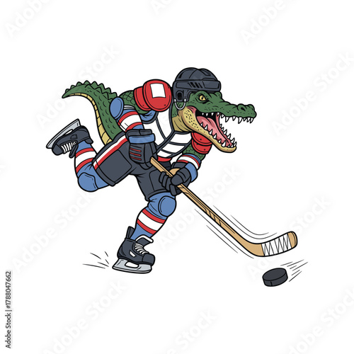 Alligator playing ice hockey and wears uniform with hockey stick and puck icon vector