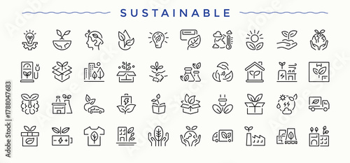 Sustainable icon. Bio icon set. Modern icons collection. Pack of power, green energy, hydro, bio, electric, ecology and more. Editable vector art and illustration.